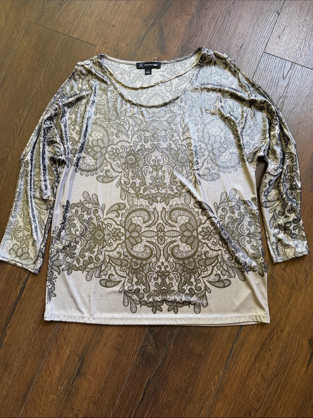 INC International Concepts Silver Pewter Lace-Print Long Sleeve Top
